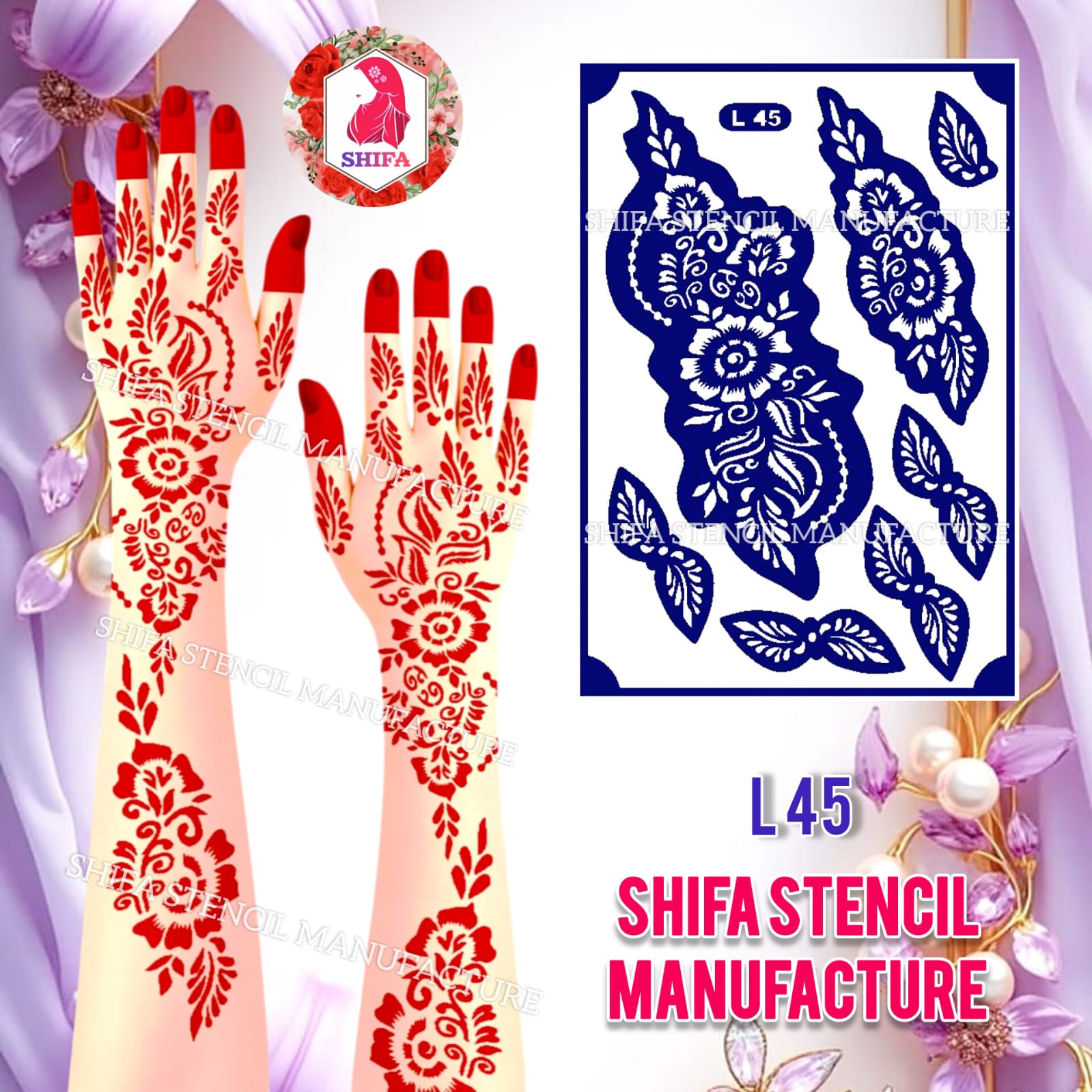L 45 Royal Floral Trail Sticker Overview Henna Stencil - Shifa Stencil